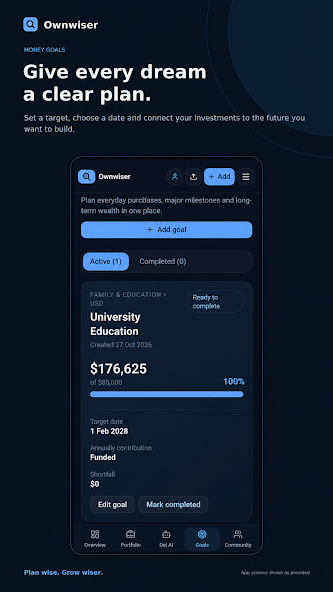 Ownwiser marketing screenshot showing an education goal and its progress